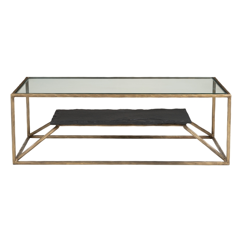 ZUO Ranol Glass-Top and Iron Frame Coffee Table in Brass