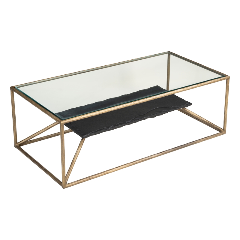 ZUO Ranol Glass-Top and Iron Frame Coffee Table in Brass