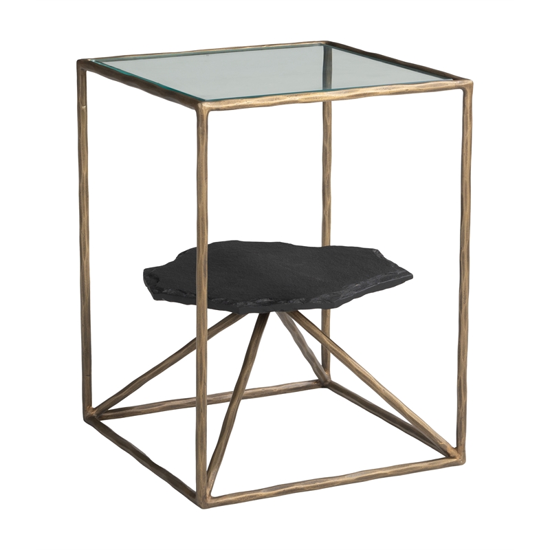 ZUO Ranol Glass-Top and Iron Frame End Table in Brass