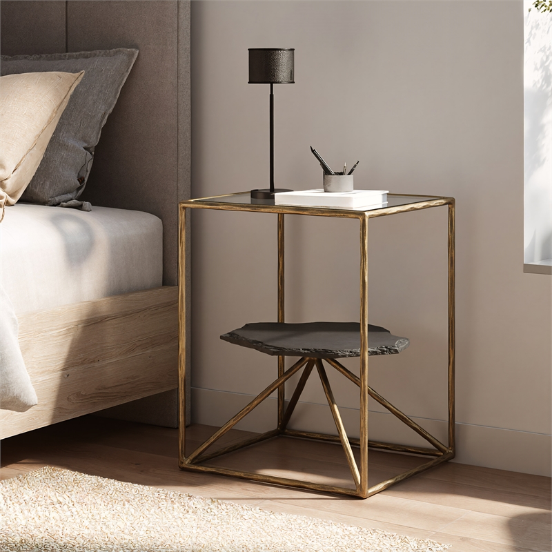 ZUO Ranol Glass-Top and Iron Frame End Table in Brass