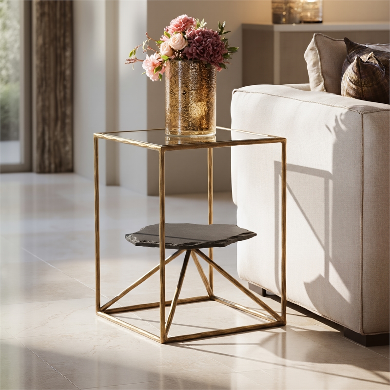 ZUO Ranol Glass-Top and Iron Frame End Table in Brass