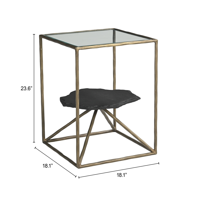 ZUO Ranol Glass-Top and Iron Frame End Table in Brass
