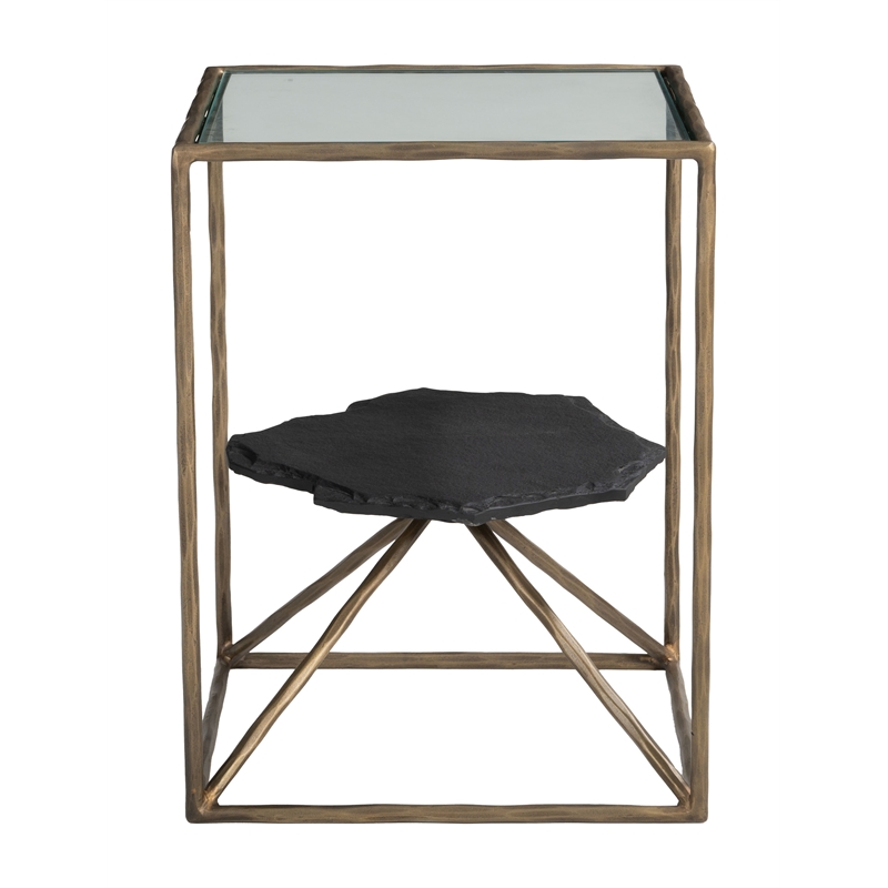 ZUO Ranol Glass-Top and Iron Frame End Table in Brass