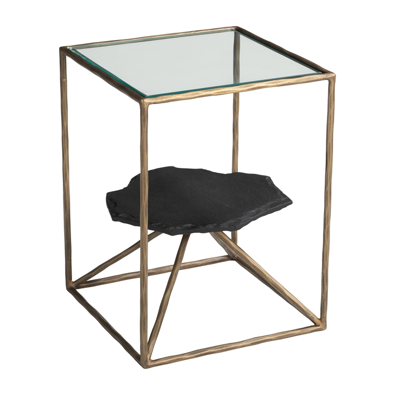 ZUO Ranol Glass-Top and Iron Frame End Table in Brass