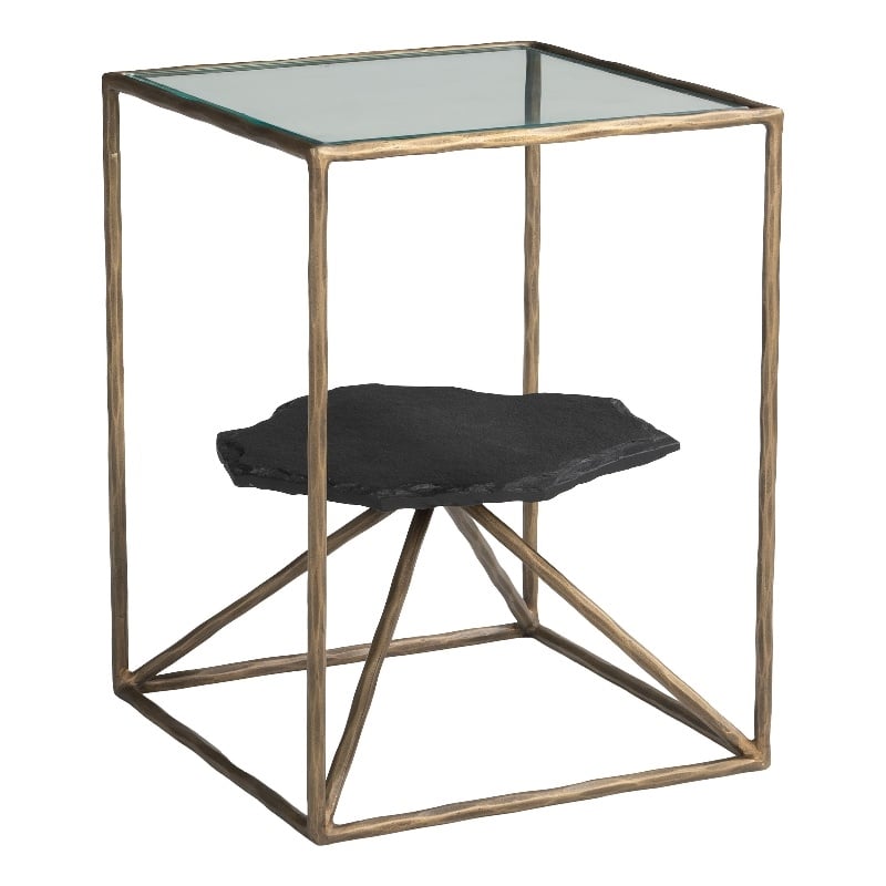 ZUO Ranol Glass-Top and Iron Frame End Table in Brass
