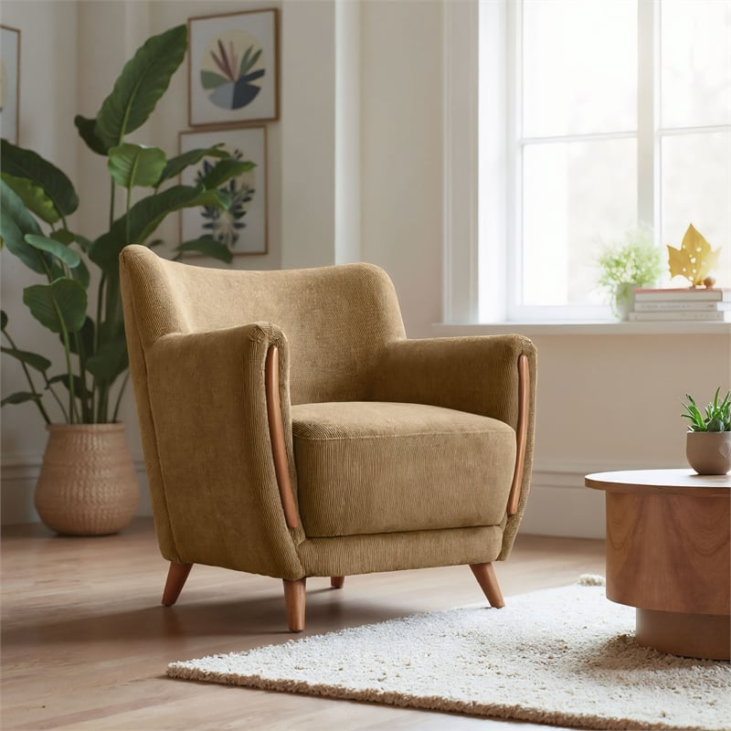ZUO Hako Velveteen Strips Corduroy Fabric Accent Chair in Olive Green