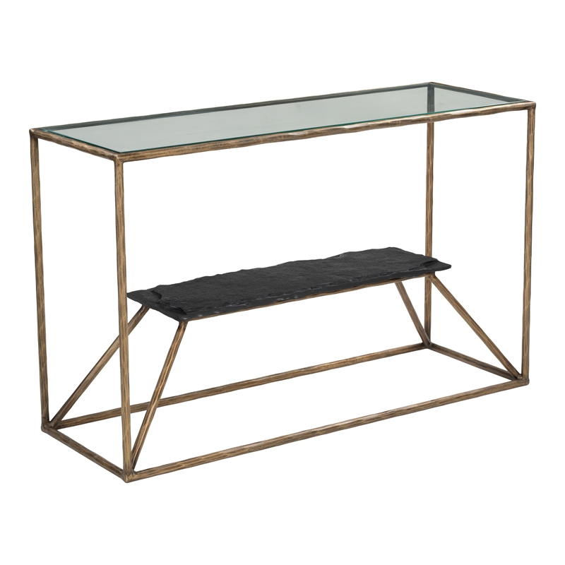 ZUO Ranol Glass-Top and Iron Frame Console Table in Brass