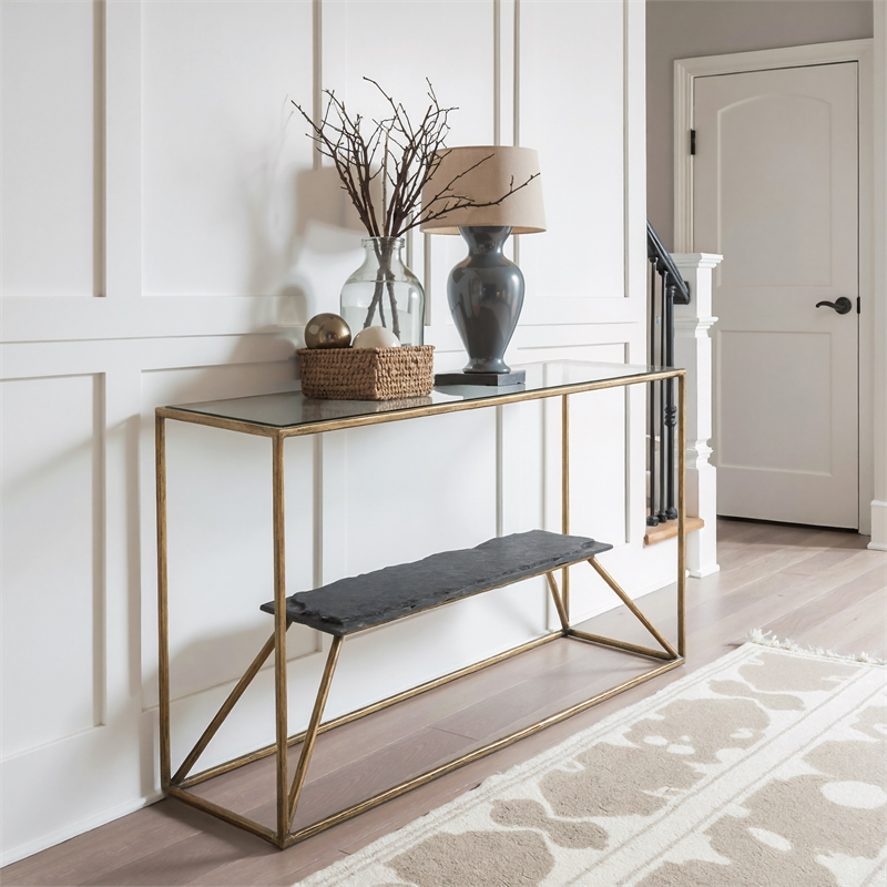ZUO Ranol Glass-Top and Iron Frame Console Table in Brass