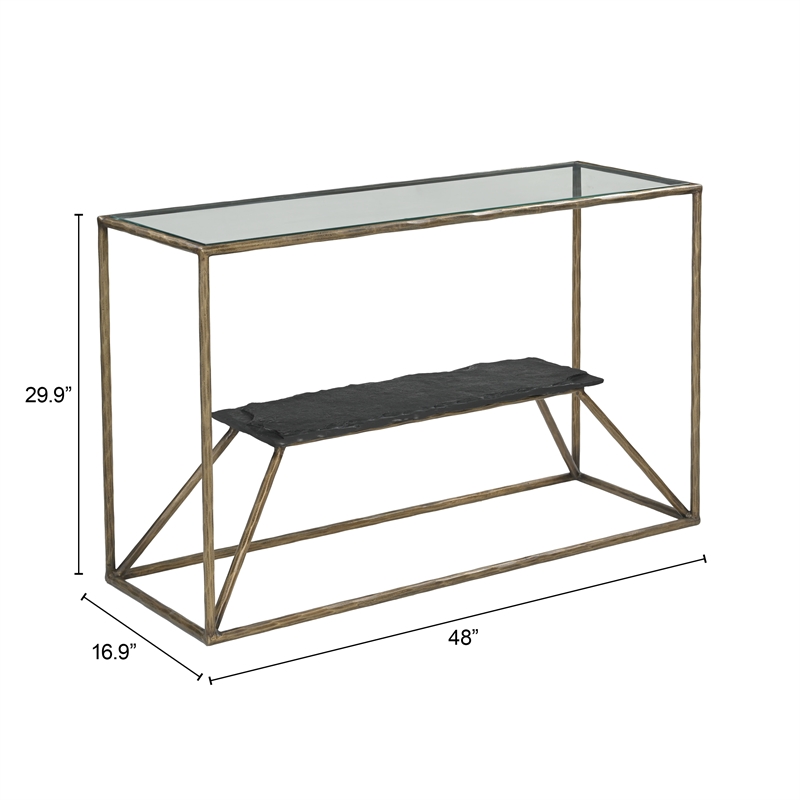ZUO Ranol Glass-Top and Iron Frame Console Table in Brass