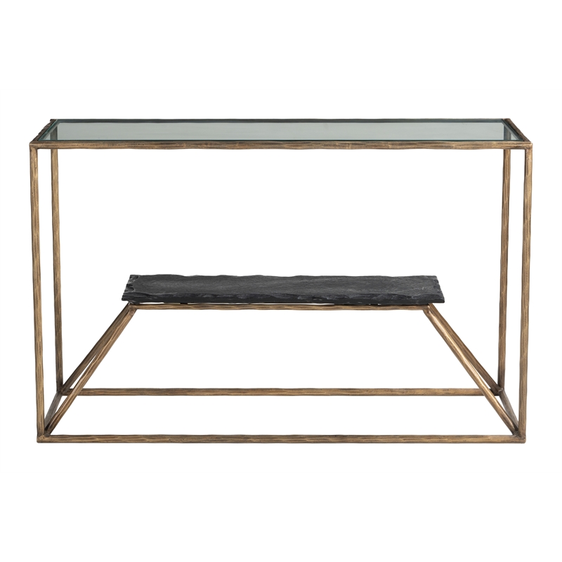 ZUO Ranol Glass-Top and Iron Frame Console Table in Brass