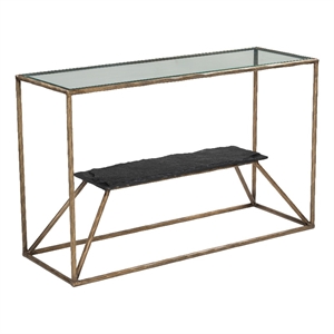 ZUO Ranol Glass-Top and Iron Frame Console Table in Brass