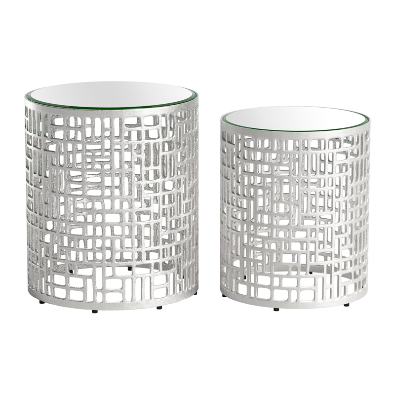 ZUO Reden Glass-Top and Aluminum Frame End Table Set in Silver (Set of 2)
