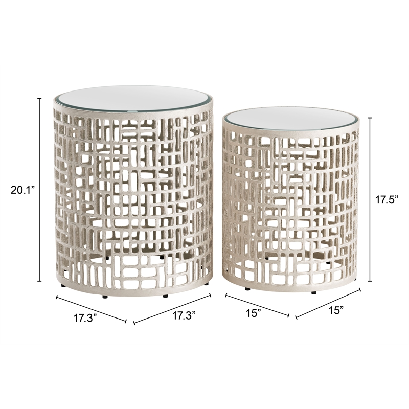 ZUO Reden Glass-Top and Aluminum Frame End Table Set in Silver (Set of 2)