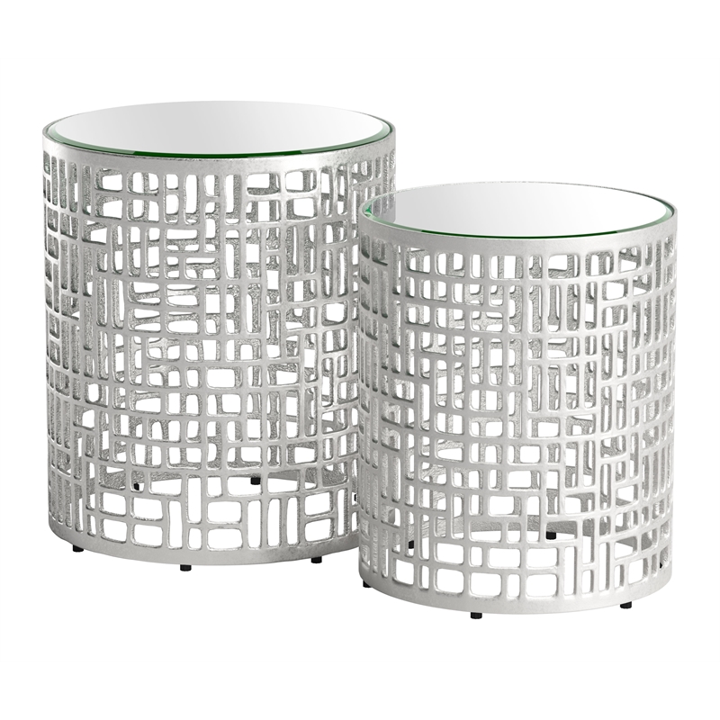 ZUO Reden Glass-Top and Aluminum Frame End Table Set in Silver (Set of 2)