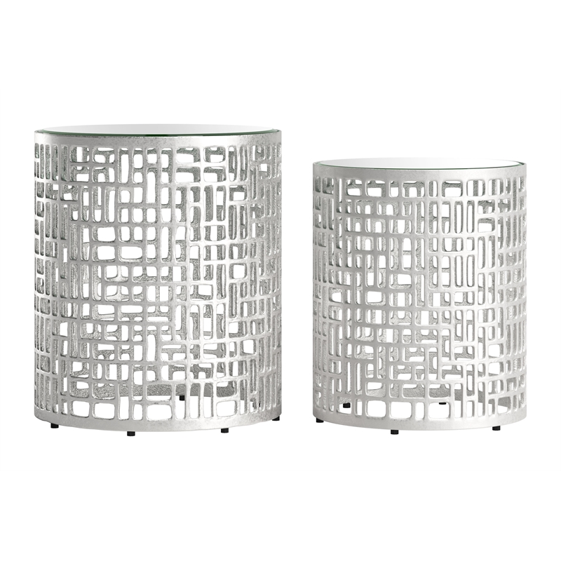 ZUO Reden Glass-Top and Aluminum Frame End Table Set in Silver (Set of 2)