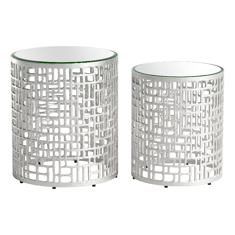 ZUO Reden Glass-Top and Aluminum Frame End Table Set in Silver (Set of 2)