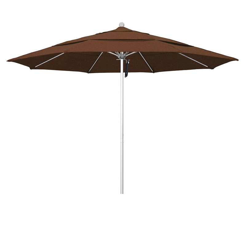 California Umbrella Venture 11' Silver Market Umbrella in Teak