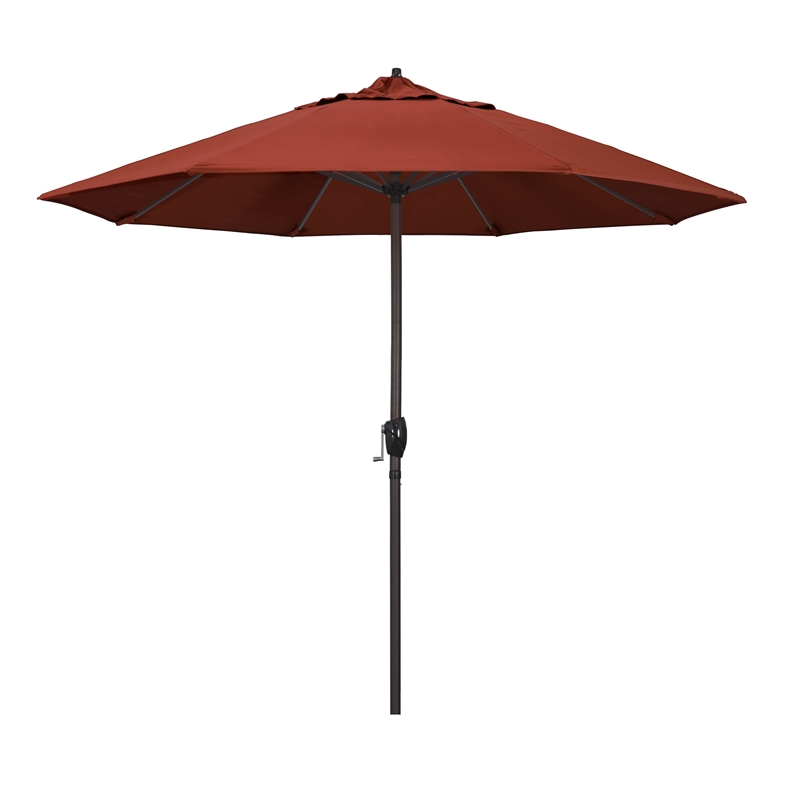 California Umbrella 9' Casa Series Patio Umbrella With Bronze Aluminum Pole Aluminum Ribs Auto Tilt Crank Lift With Sunbrella 2A Terracotta Fabric