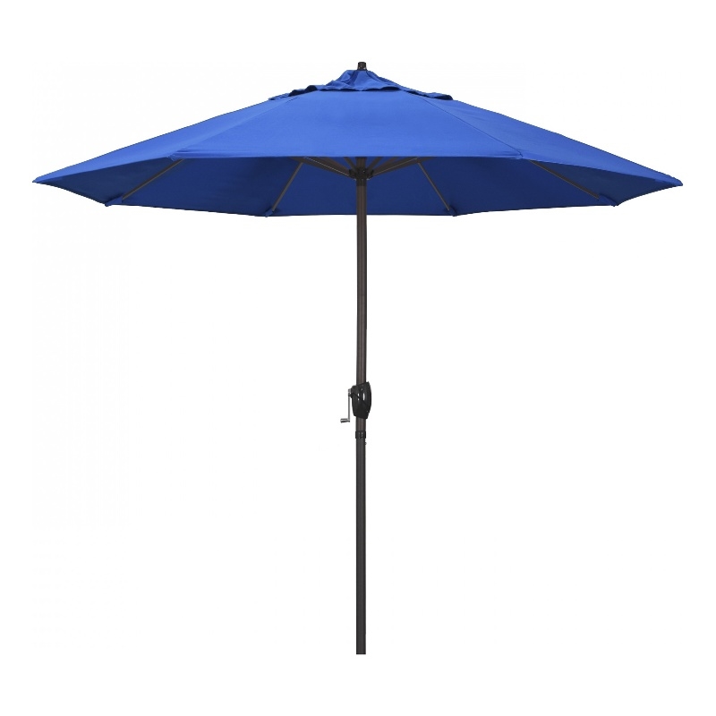 California Umbrella 9' Casa Series Patio Umbrella With Bronze Aluminum Pole Aluminum Ribs Auto Tilt Crank Lift With Olefin Royal Blue Fabric