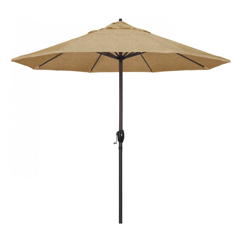 California Umbrella 9' Casa Series Patio Umbrella With Bronze Aluminum Pole Aluminum Ribs Auto Tilt Crank Lift With Olefin Woven Sesame Fabric