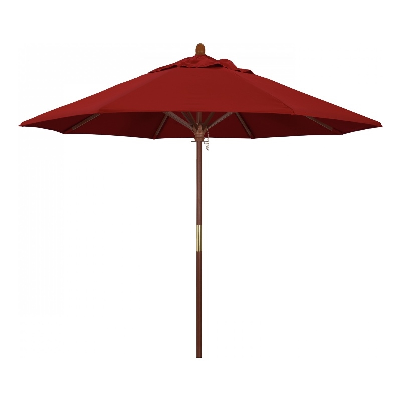 California Umbrella 9' Grove Series Patio Umbrella With Wood Pole Hardwood Ribs  Push Lift With Sunbrella 2A Red Fabric