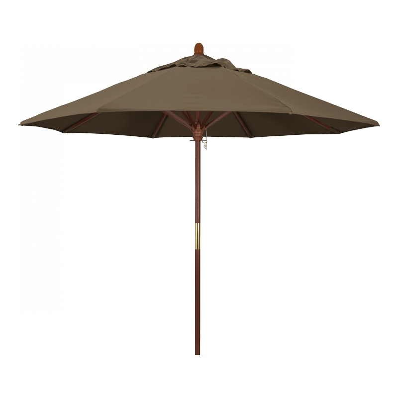 California Umbrella 9' Grove Series Patio Umbrella With Wood Pole Hardwood Ribs  Push Lift With Sunbrella 1A Cocoa Fabric