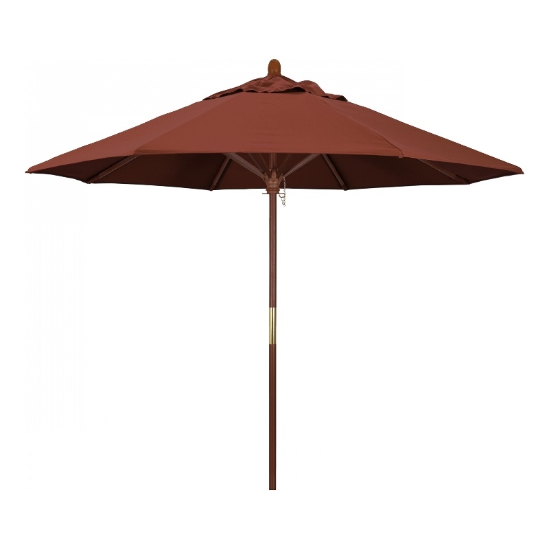 California Umbrella 9' Grove Series Patio Umbrella With Wood Pole Hardwood Ribs  Push Lift With Sunbrella 2A Terracotta Fabric