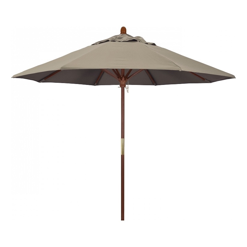 California Umbrella 9' Grove Series Patio Umbrella With Wood Pole Hardwood Ribs  Push Lift With Sunbrella 1A Taupe Fabric