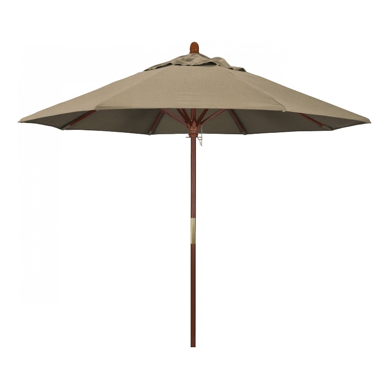 California Umbrella 9' Grove Series Patio Umbrella With Wood Pole Hardwood Ribs  Push Lift With Sunbrella 1A Heather Beige Fabric