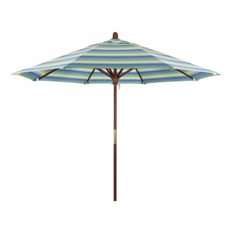 California Umbrella 9' Grove Series Patio Umbrella With Wood Pole Hardwood Ribs  Push Lift With Sunbrella 1A Seville Seaside Fabric