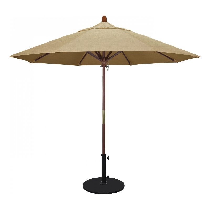 California Umbrella 9' Grove Series Patio Umbrella With Wood Pole Hardwood Ribs  Push Lift With Sunbrella 2A Linen Sesame Fabric