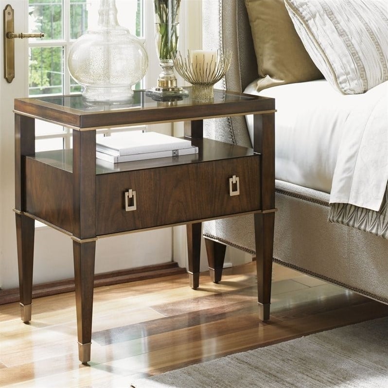 Lexington Tower Place Copley 1 Drawer Glass Nightstand in Walnut 706622