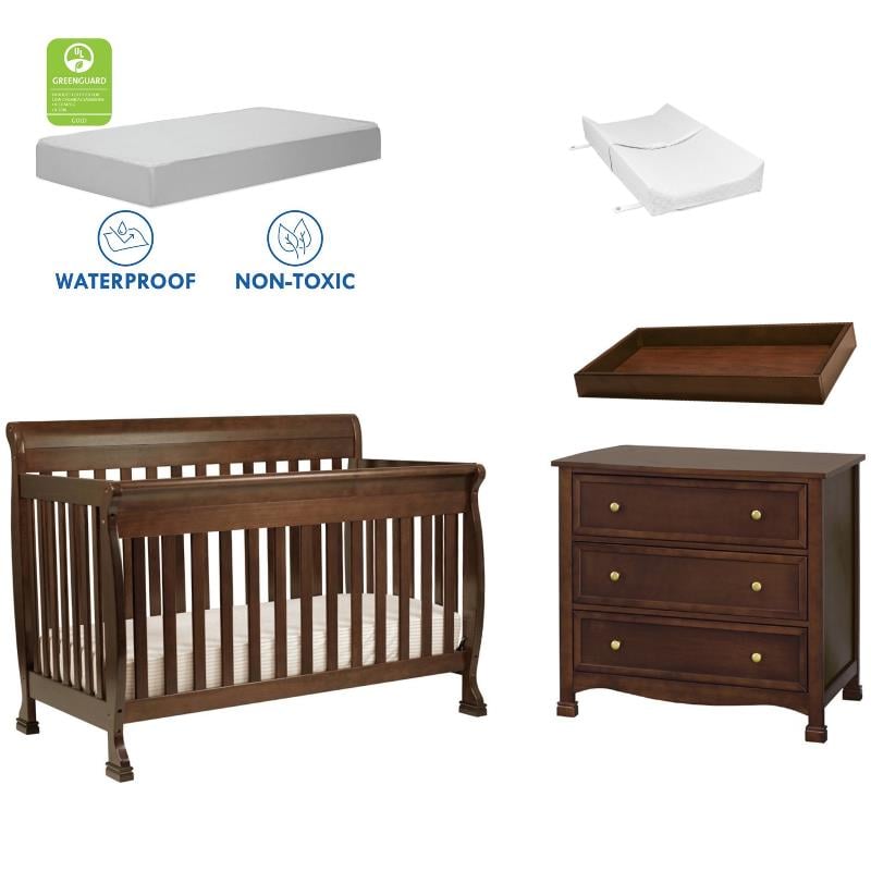 4-in-1 Convertible Crib Set with Dresser Mattress and Changing Tray in Espresso