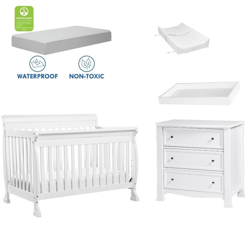 4-in-1 Convertible Crib Set with Dresser Mattress and Changing Tray in White