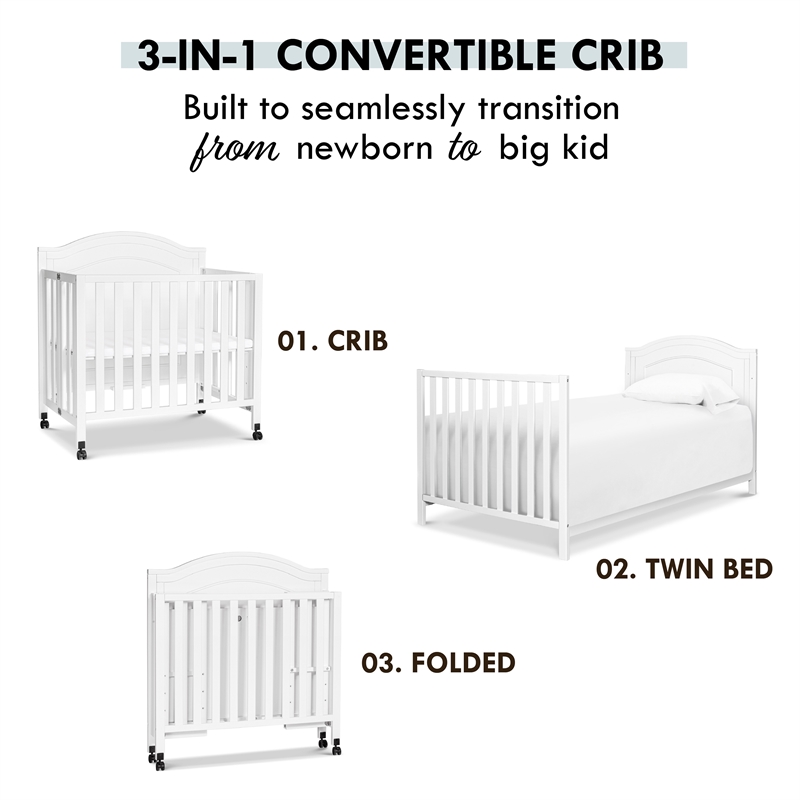 Davinci Charlie Pine Wood and MDF Folding Portable 3-In-1 Mini Crib in White
