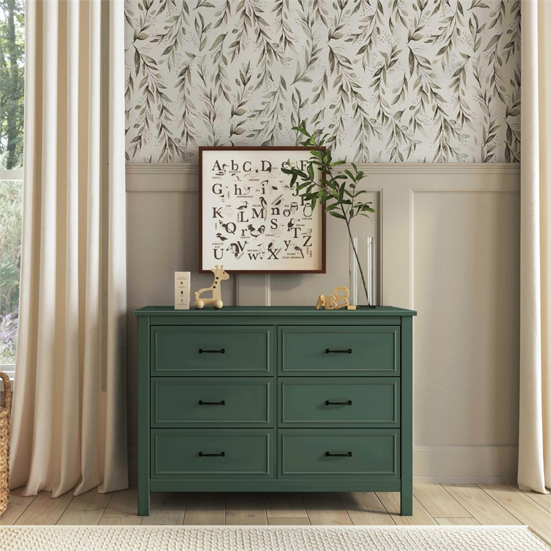 Davinci Charlie 6-Drawer Modern Pine Wood and MDF Double Dresser in Forest Green