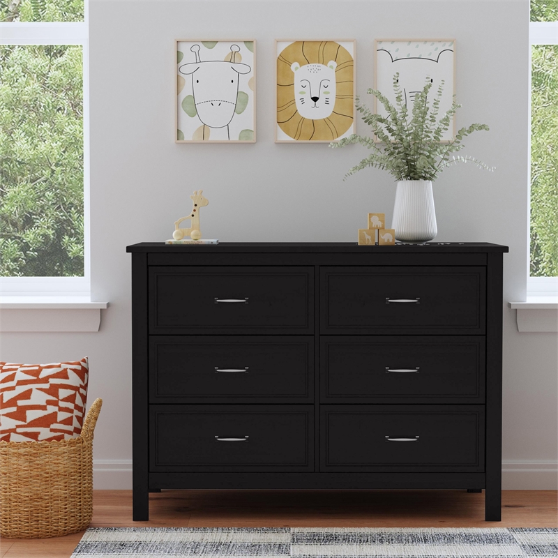 Davinci Charlie 6-Drawer Modern Pine Wood and MDF Double Dresser in Ebony Black