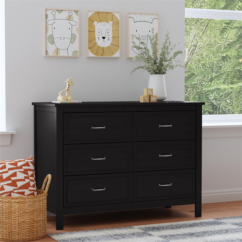 Davinci Charlie 6-Drawer Modern Pine Wood and MDF Double Dresser in Ebony Black