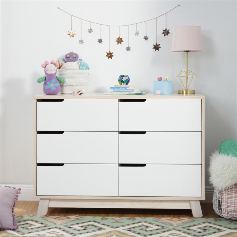 Babyletto Hudson 6 Drawer Double Wood Dresser in Washed Natural and White Beige
