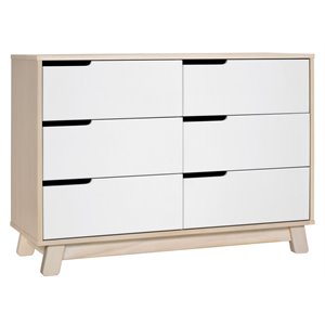 Babyletto Hudson 6 Drawer Double Wood Dresser in Washed Natural and White Beige