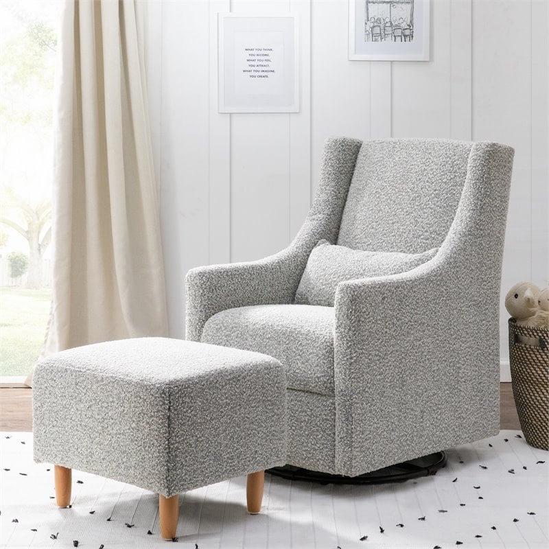 Babyletto Toco Polyester Fabric Swivel Glider and Ottoman in Black White Boucle