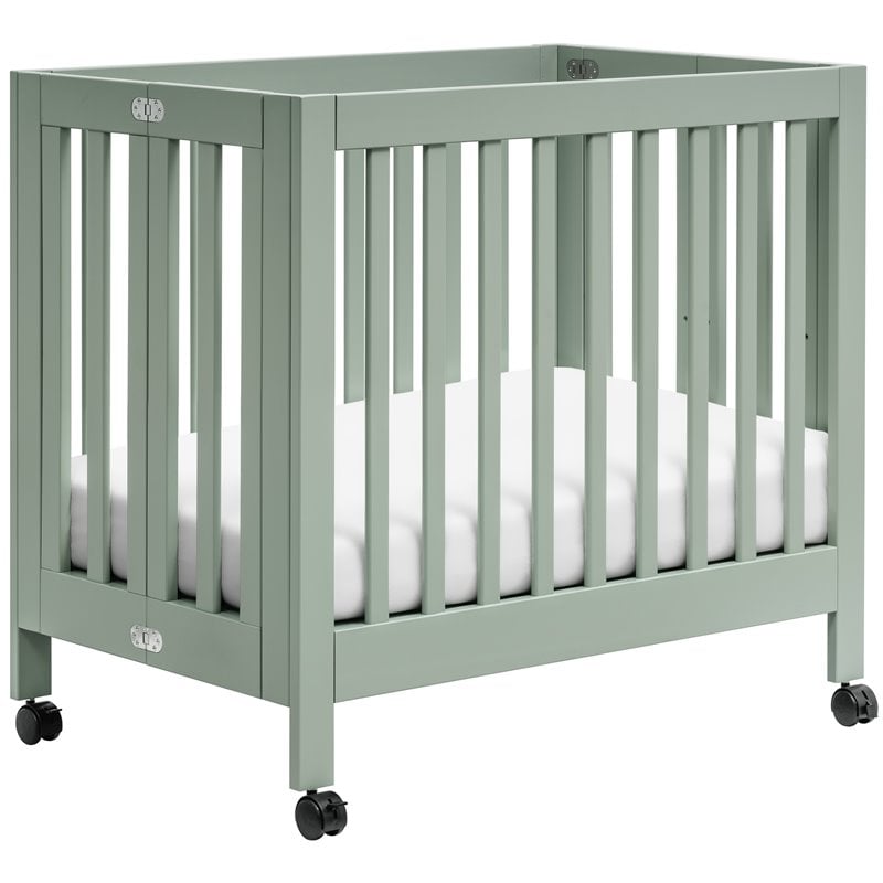 Babyletto Origami Pine Wood Portable Folding Mini Crib with Casters - Light Sage