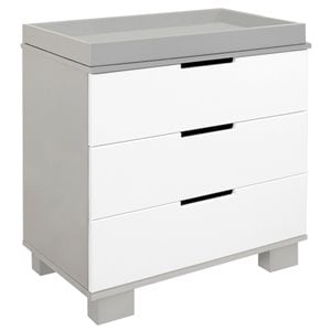 babyletto modo 3 drawer changer dresser with removable tray in white and gray