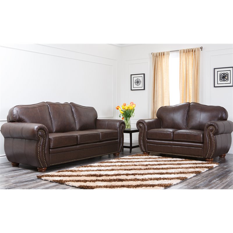 Abbyson Pearla Leather Sofa And Loveseat Set In Dark Brown Ci D320