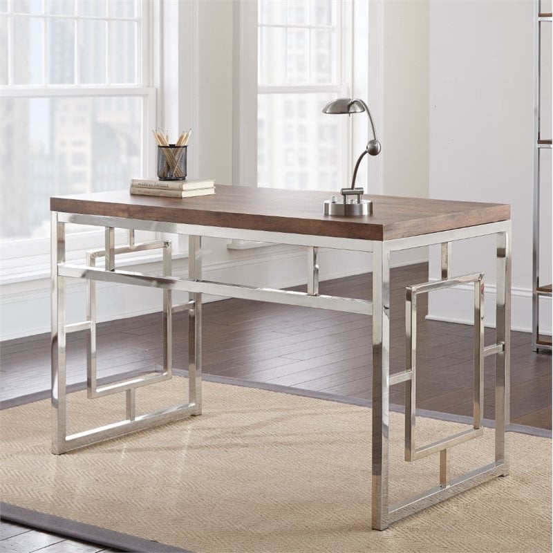 Alize Chrome Metal Desk with Brown Faux Wood Top