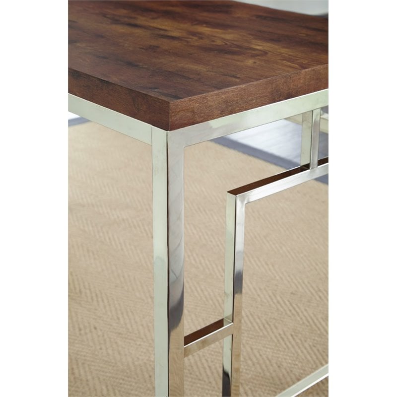 Alize Chrome Metal Desk with Brown Faux Wood Top