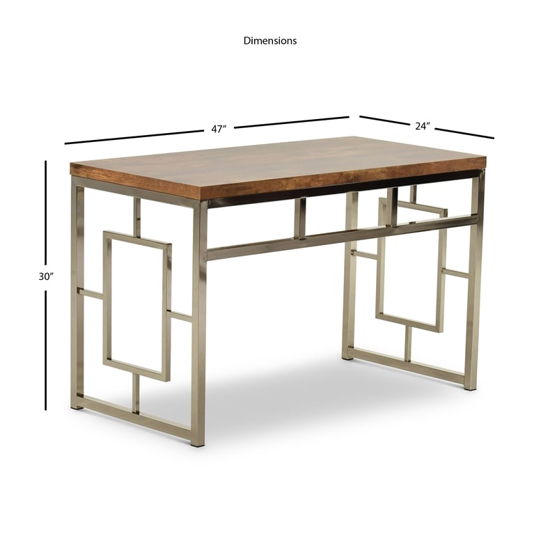 Alize Chrome Metal Desk with Brown Faux Wood Top