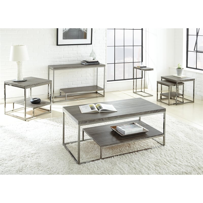 Lucia Chairside End Table in Nickel base Driftwood Gray top