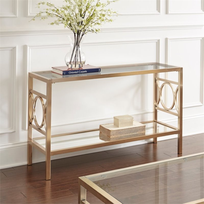 Olympia Glass Top Console Table In Gold, Gold Console Table Glass Top