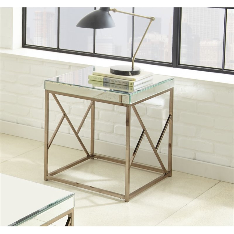 Steve Silver Evelyn Square Mirror Top End Table In Copper Chrome